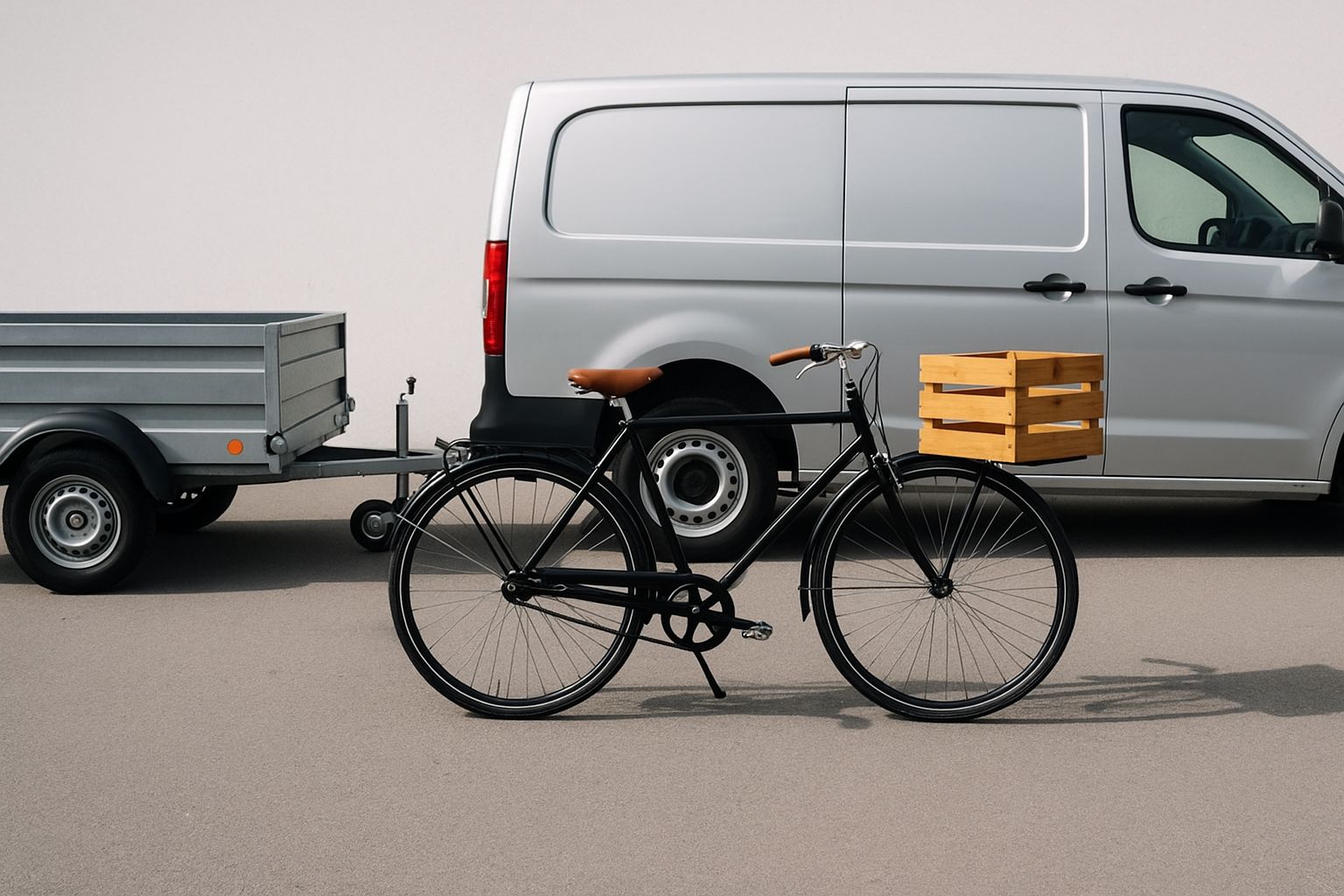 Cykelteam lastar paketbil med släp, utrustning för tävling eller träning.