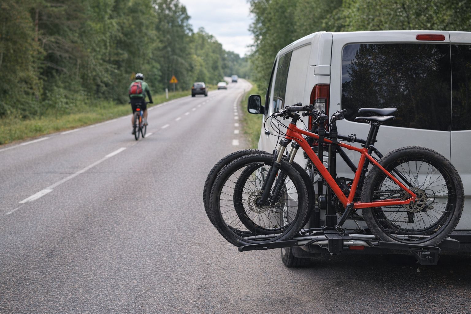 Mountainbikes på en cykelhållare monterad på en vit skåpbil vid vägkanten.