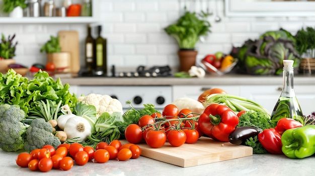 Färska grönsaker som paprika, tomater och broccoli på en köksbänk.
